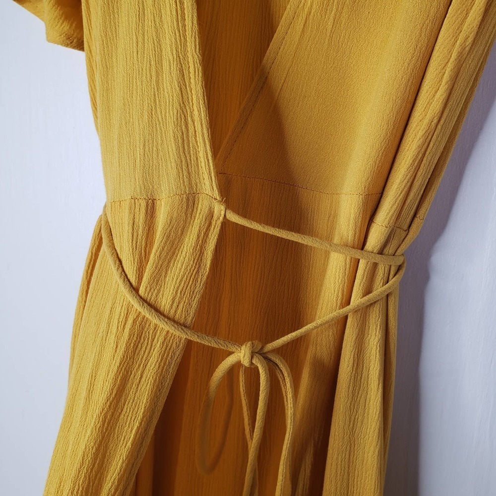 Lulus Much Obliged Mustard Yellow Crinkle Maxi Dress S Wrap Flutter Sleeve - Picture 6 of 13